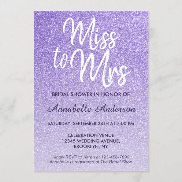 Miss to Mrs Purple Violet Glitter Bridal Shower Invitations