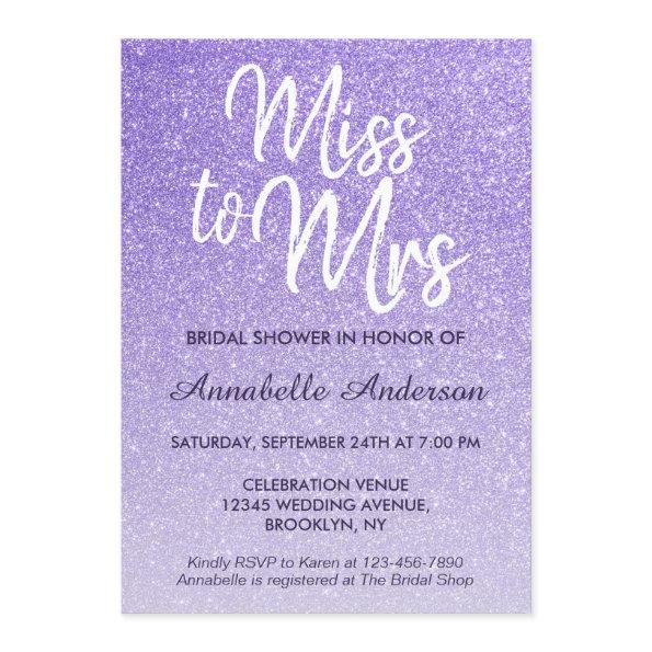 Miss to Mrs Purple Violet Glitter Bridal Shower Invitations