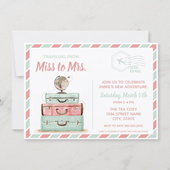 Miss to Mrs travel bridal shower coral mint Invitations