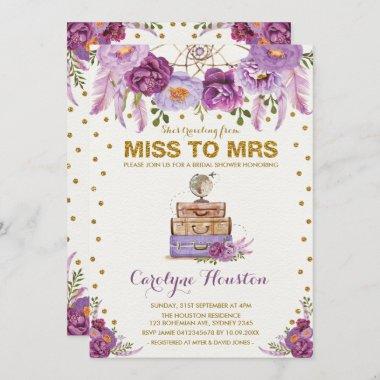 Miss to Mrs Travel Suitcase Purple Bridal Shower Invitations