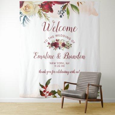 Mistletoe Manor Watercolor Winter Wedding Welcome Tapestry