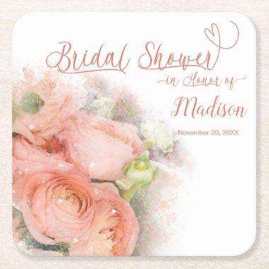 Misty Blush Floral Bridal Shower Square Paper Coaster