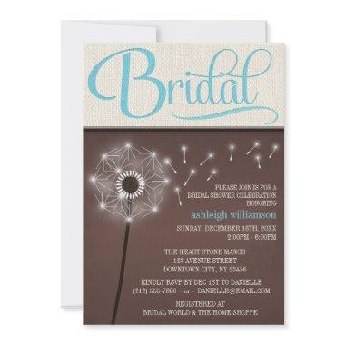 Mocha Rustic Linen Dandelion Bridal Shower Invitations