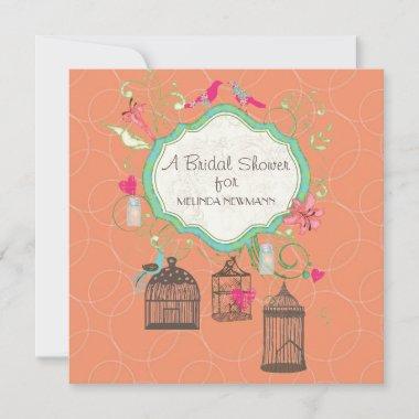 Mod Bird Cage Mason Jar Heart Floral Bridal Shower Invitations