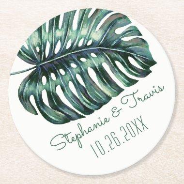 Mod Tropical Palm Leaf Monstera Greenery Round Paper Coaster
