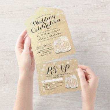 Moden Couple Mason Jar Faux Gold Foil Wedding RSVP All In One Invitations