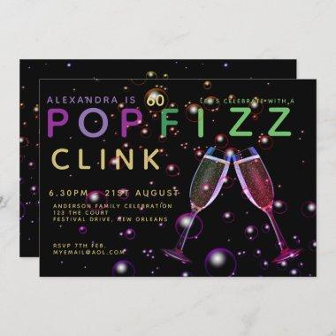 Modern 60th Birthday - POP FIZZ CLINK Champagne Invitations