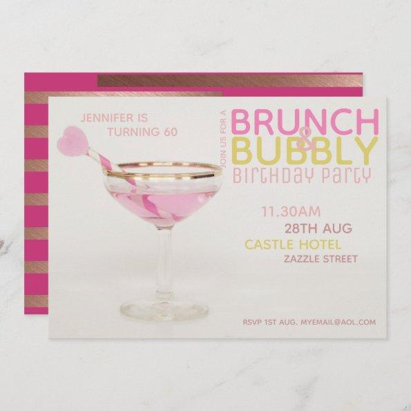 Modern 60th BRUNCH BUBBLY Invitations PINK GOLD