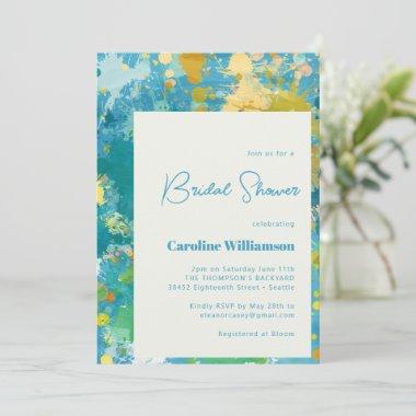 Modern Abstract Paint Art Cool Blue Bridal Shower Invitations