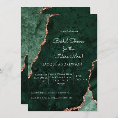 Modern Agate Mint Forest Green Rose Gold Bridal Invitations