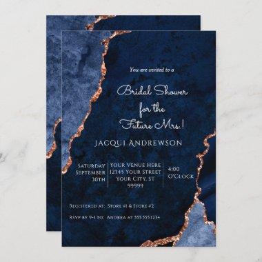 Modern Agate Navy Dusty Blue Rose Gold Bridal Invi Invitations