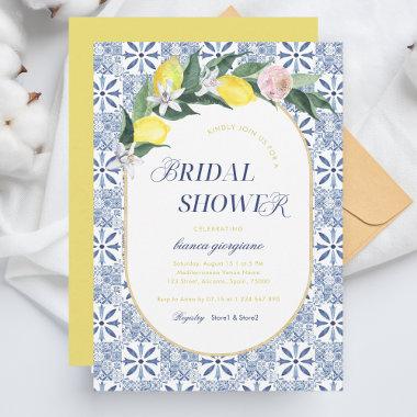 Modern Amalfi Coast Lemon Blue Tile Bridal Shower Invitations