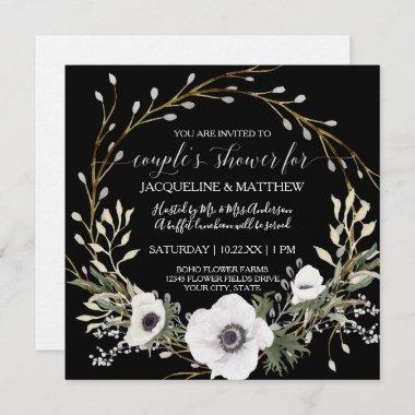 Modern Anemone Wreath Black White Couples Shower Invitations