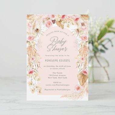 Modern Arch pink boho floral Pampas Baby shower Invitations