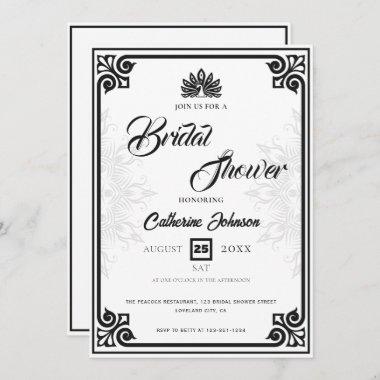 Modern Art Deco Peacock Black White Bridal Shower Invitations
