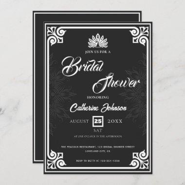 Modern Art Deco Peacock White Black Bridal Shower Invitations