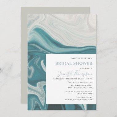 Modern Beach Blue and Grey Marble Bridal Shower Invitations
