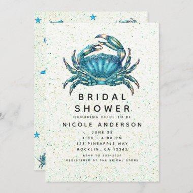 Modern Beach Blue Crab Starfish Bridal Shower Invitations