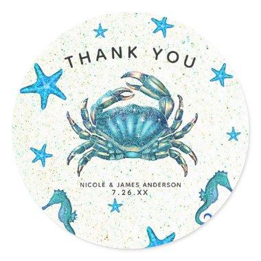 Modern Beach Blue Crab Starfish Seahorse Favor Classic Round Sticker