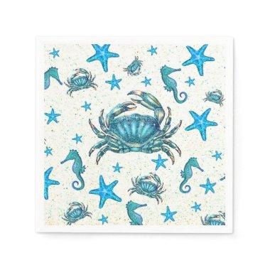 Modern Beach Blue Crab Starfish Seahorse Party Napkins