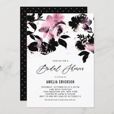Modern Black and Pink Flowers Bridal Shower Invitations