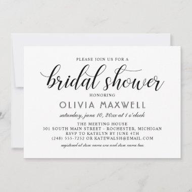 Modern Black and White Script Bridal Shower Invitations
