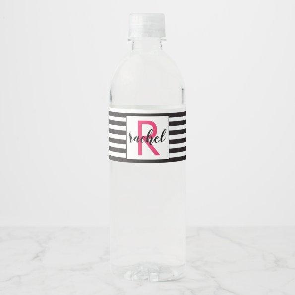 Modern Black and White Stripes Monogrammed Water Bottle Label