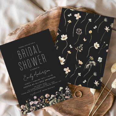 Modern Black Boho Wildflower Bridal Shower Elegant Invitations