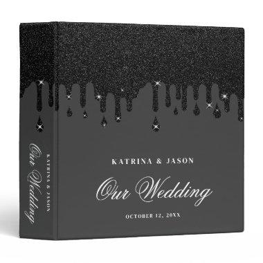 Modern Black Glitter Minimalist Script Wedding 3 Ring Binder