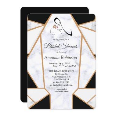 Modern Black Gold Abstract on White Marble Invitations