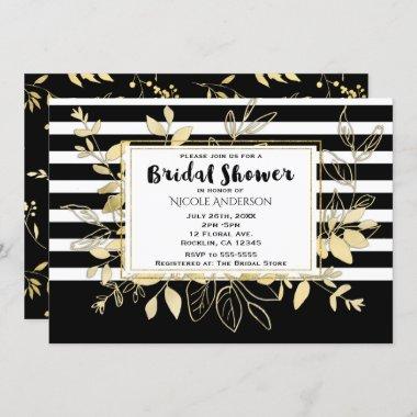 Modern Black Gold Botanical Glamour Bridal Shower Invitations