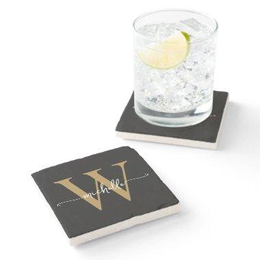 Modern Black Gold Custom Monogram Name Script Stone Coaster