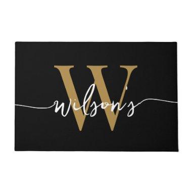 Modern Black Gold Monogram Family Name Script Doormat
