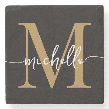 Modern Black Gold Monogram Name Elegant Script Stone Coaster
