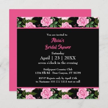Modern Black Pink Roses Bridal Shower Invitations