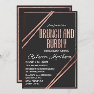 Modern Black Rose Gold Chic Linear Brunch Bubbly Invitations