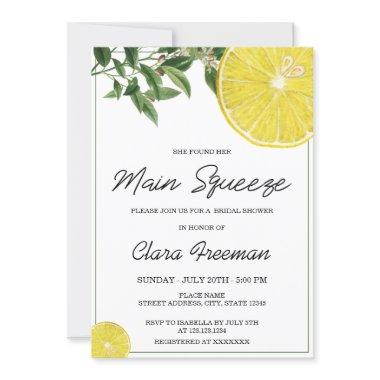 Modern Black Script Watercolor Lemon Bridal Shower Invitations