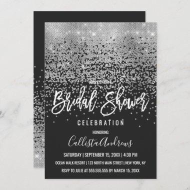 Modern Black Silver Glitter Confetti Bridal Shower Invitations