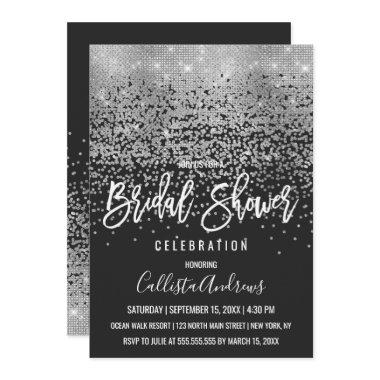 Modern Black Silver Glitter Confetti Bridal Shower Invitations