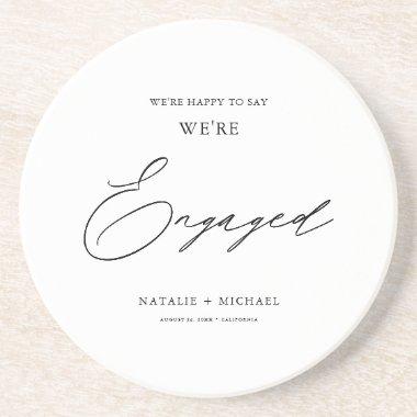 Modern Black & White Calligraphy Engagement Party Coaster