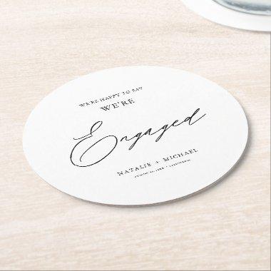 Modern Black & White Calligraphy Engagement Party Round Paper Coaster