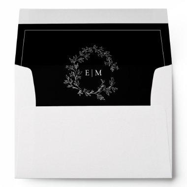 Modern Black White Leafy Crest Monogram Wedding Envelope