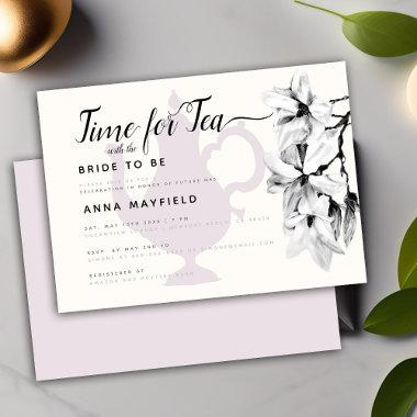 Modern Black White Magnolia Time for Tea Bridal Invitations
