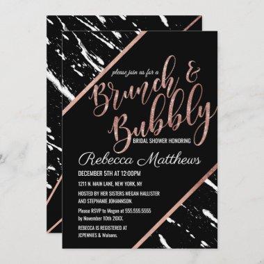 Modern Black White Marble Rose Gold Brunch Bubbly Invitations