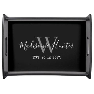 Modern Black White Script Monogram Newlyweds Serving Tray