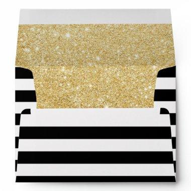Modern Black & White Stripes Elegant Gold Glitter Envelope