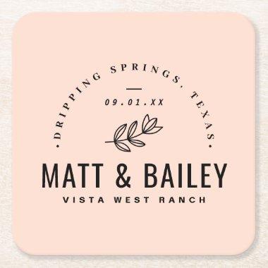 Modern Bloom Wedding Monogram | Blush Square Paper Coaster