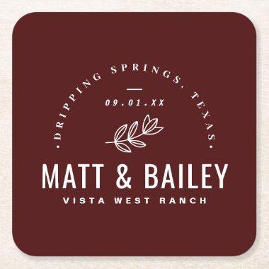 Modern Bloom Wedding Monogram | Burgundy Square Paper Coaster