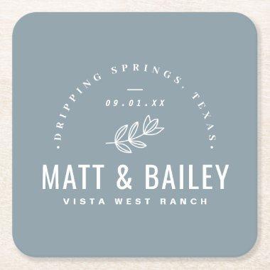 Modern Bloom Wedding Monogram | Dusty Blue Square Paper Coaster