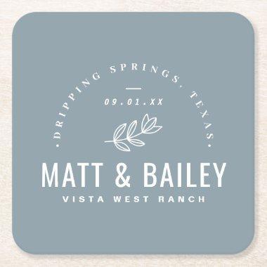 Modern Bloom Wedding Monogram | Dusty Blue Square Paper Coaster